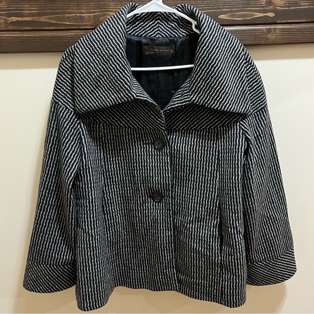ZARA Woman Black and Gray Striped Wool Blend Button Jacket Size M
